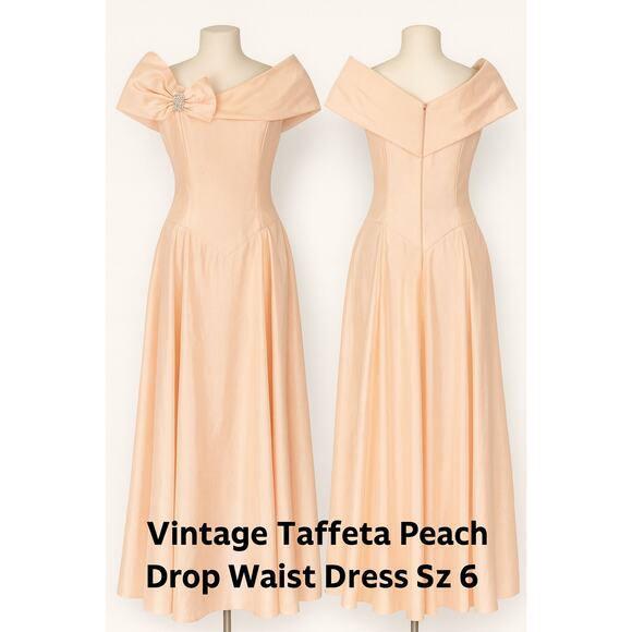 Vintage 1950s Peach Taffeta Off-Shoulder Drop-Waist Gown Rhinestone Bow Size 6 - Picture 1 of 14